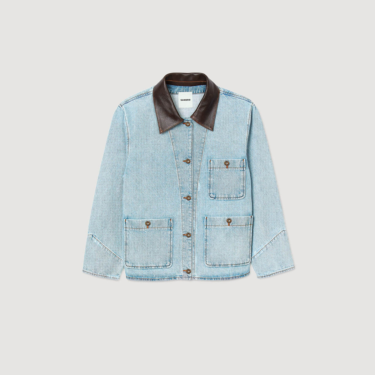 Sandro Denim jacket with leather collar Light Bu Jean