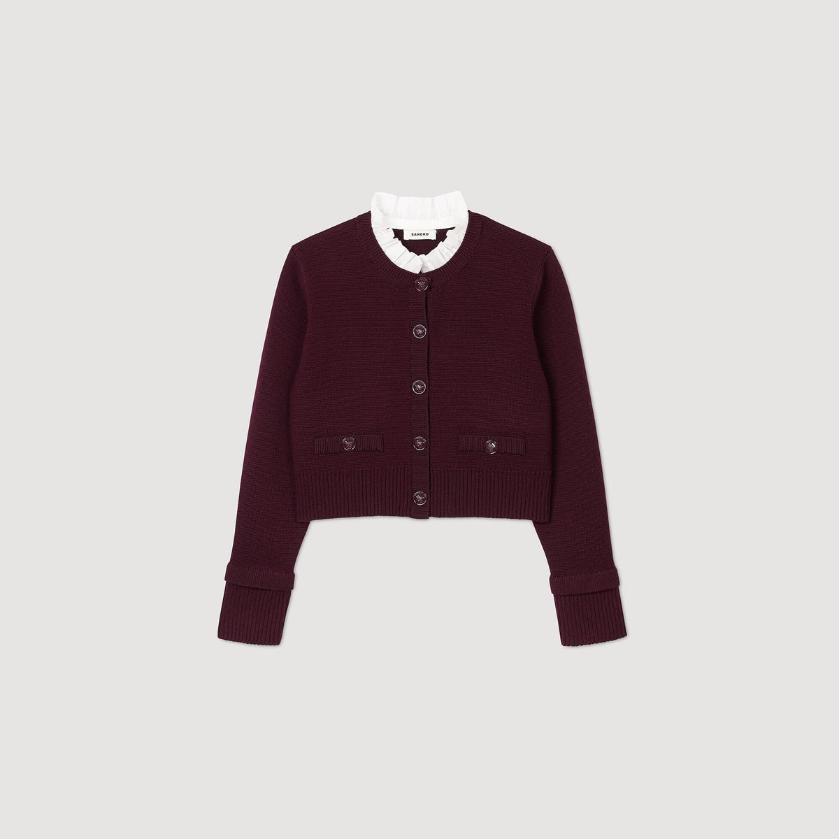 Sandro Knit cardigan with ruffled collar Bordeaux