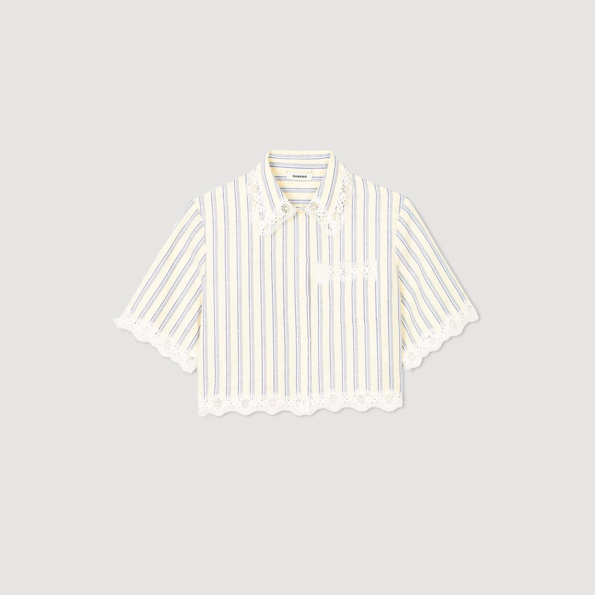 Sandro Striped cropped shirt with lace trim Ecru / Jean