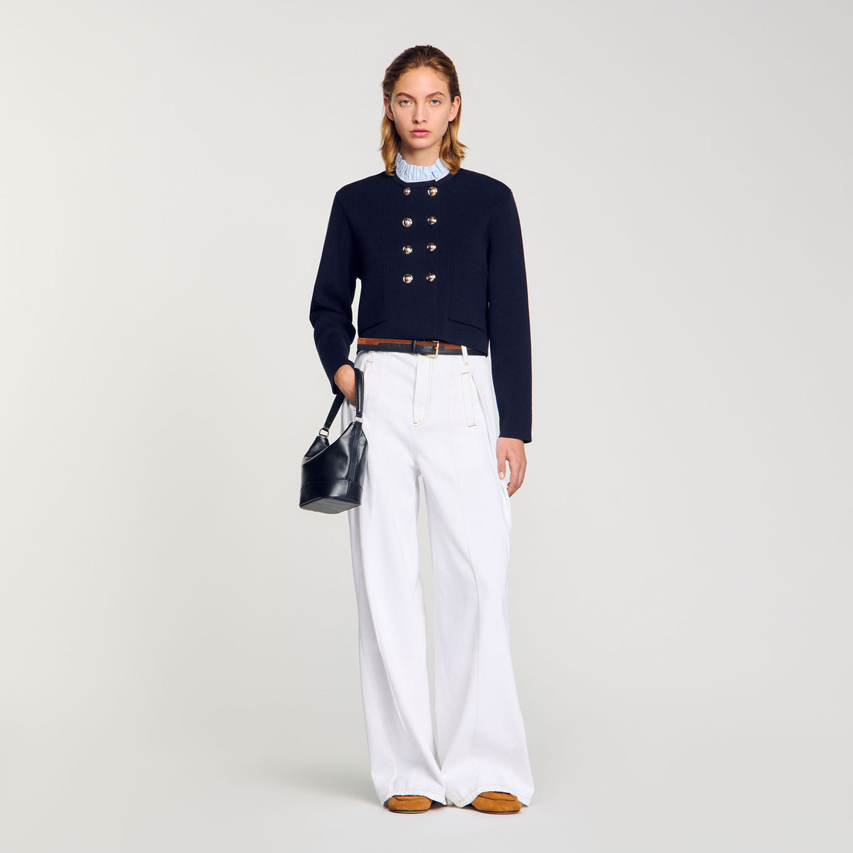 Sandro Cardigan with removable ruffled collar Navy Blue