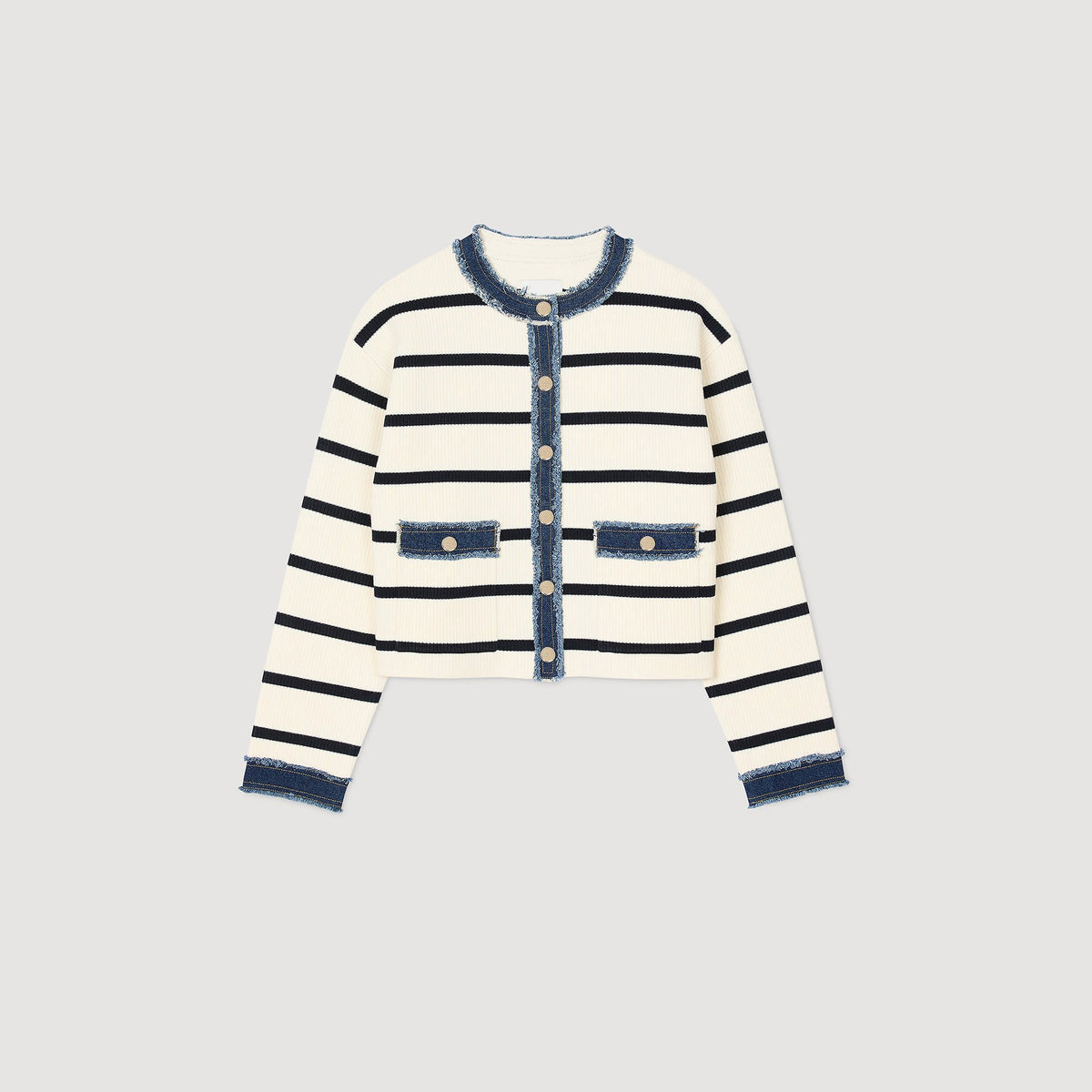 Sandro Striped cardigan with denim details Ecru