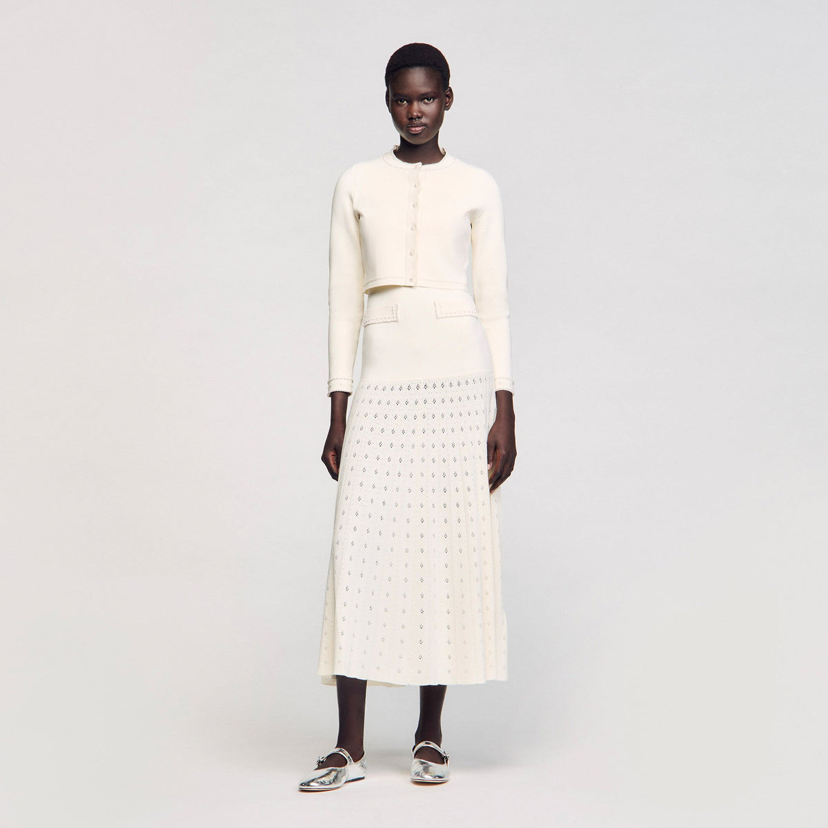Sandro Cropped cardigan with pearl buttons Ecru
