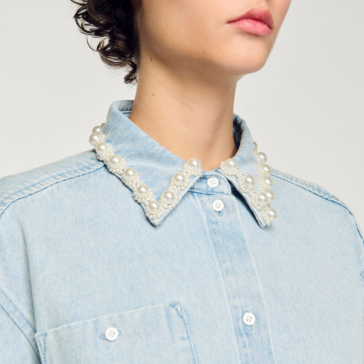 Sandro Denim shirt with beaded collar Light Bu Jean