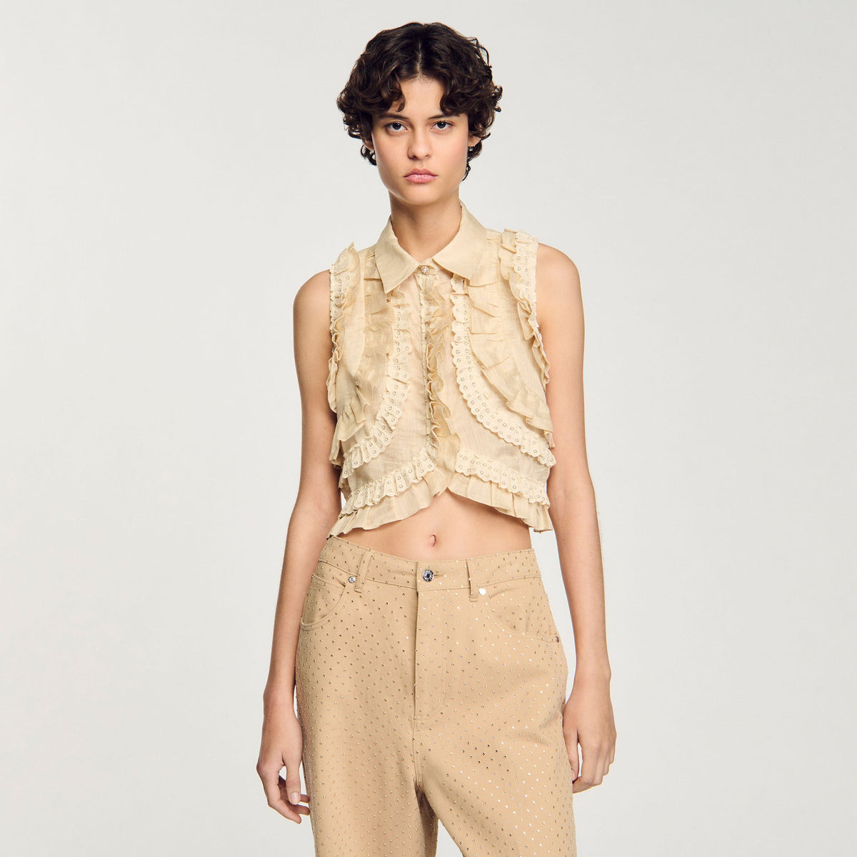 Sandro Ruffled cropped shirt Sand