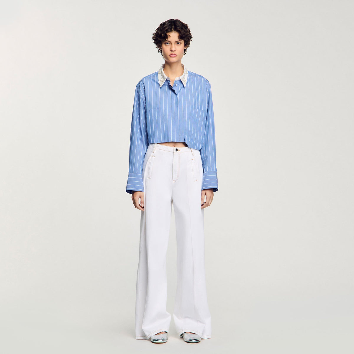 Sandro Striped cropped shirt with rhinestone Sky Blue