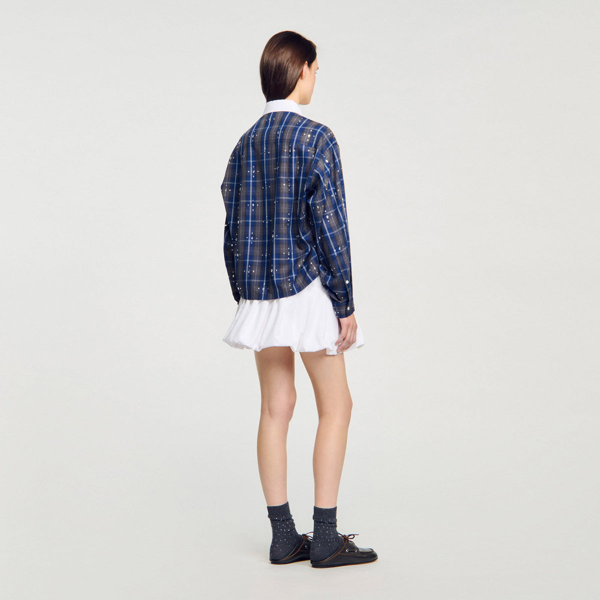 Sandro Rhinestone checkered collar shirt Blue