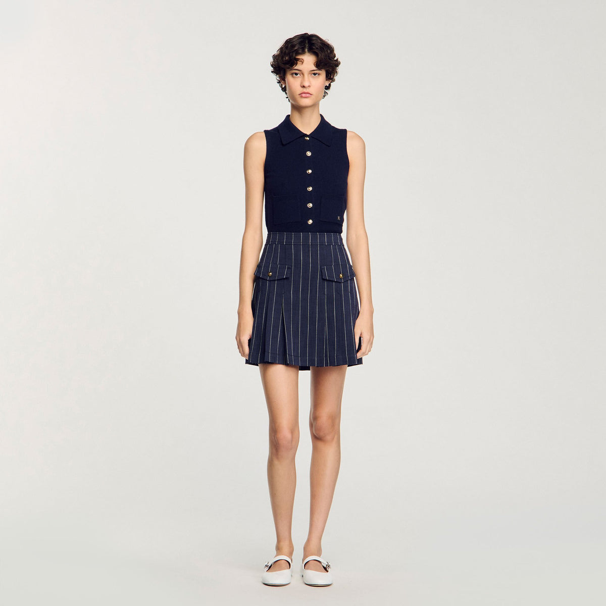 Sandro Mini striped pleated skirt Navy / Ecru