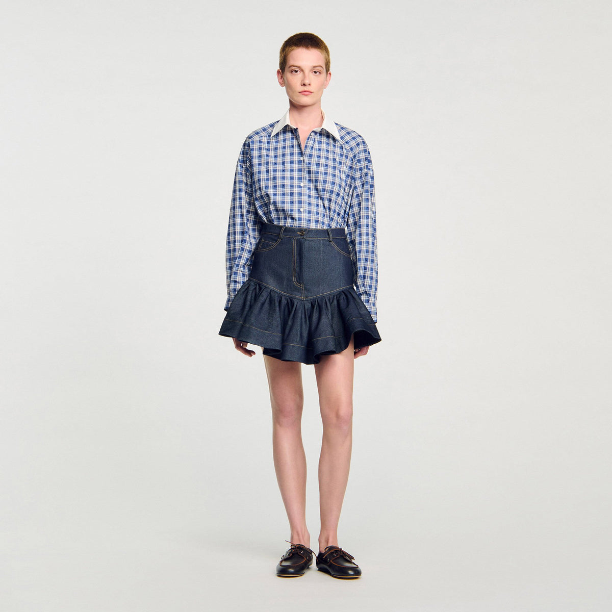 Sandro Mini denim ruffled skirt Deep Blue