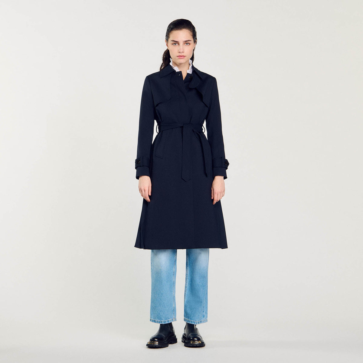 Sandro Trench coat with pleated inset Navy Blue