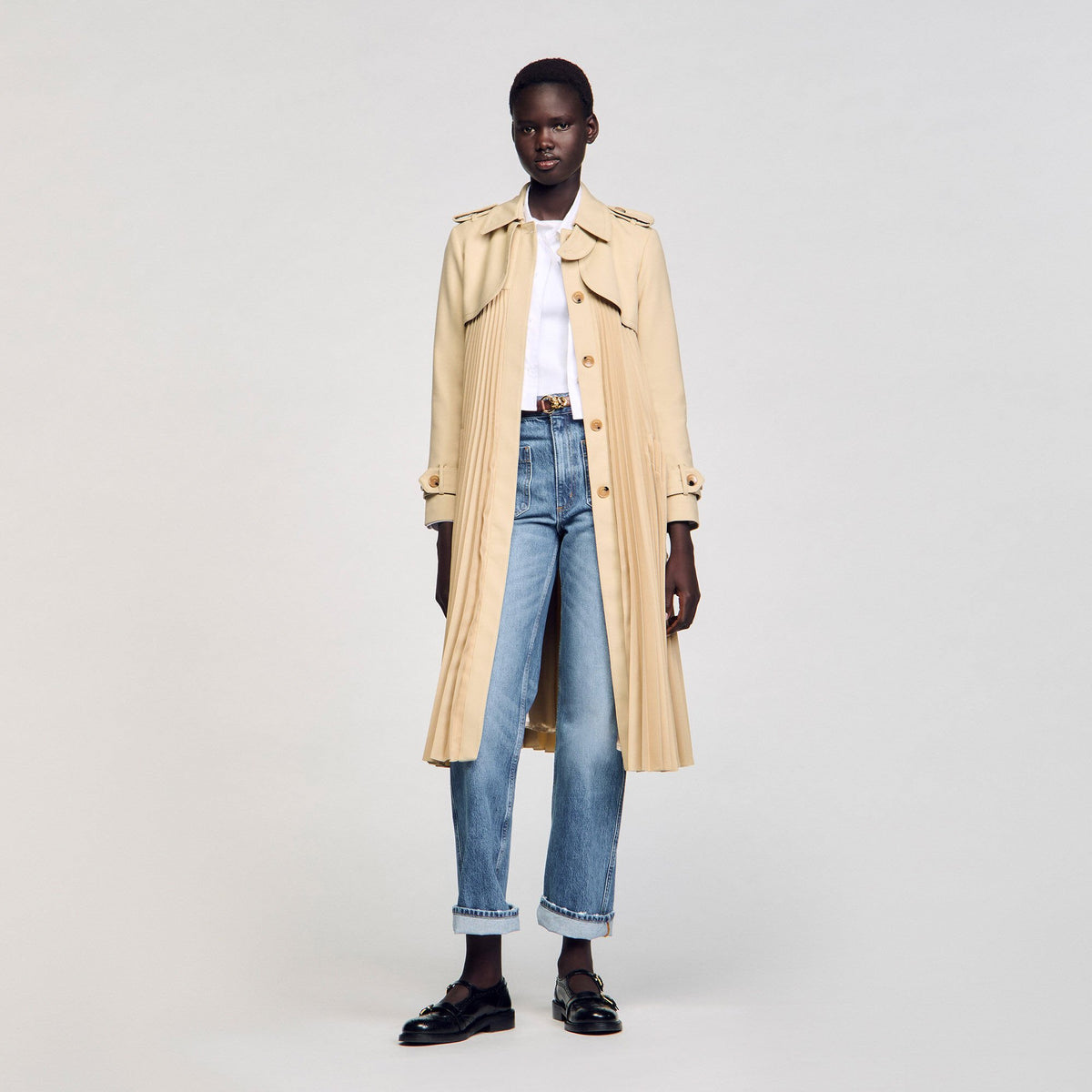 Sandro Pleated trench coat with belt Beige