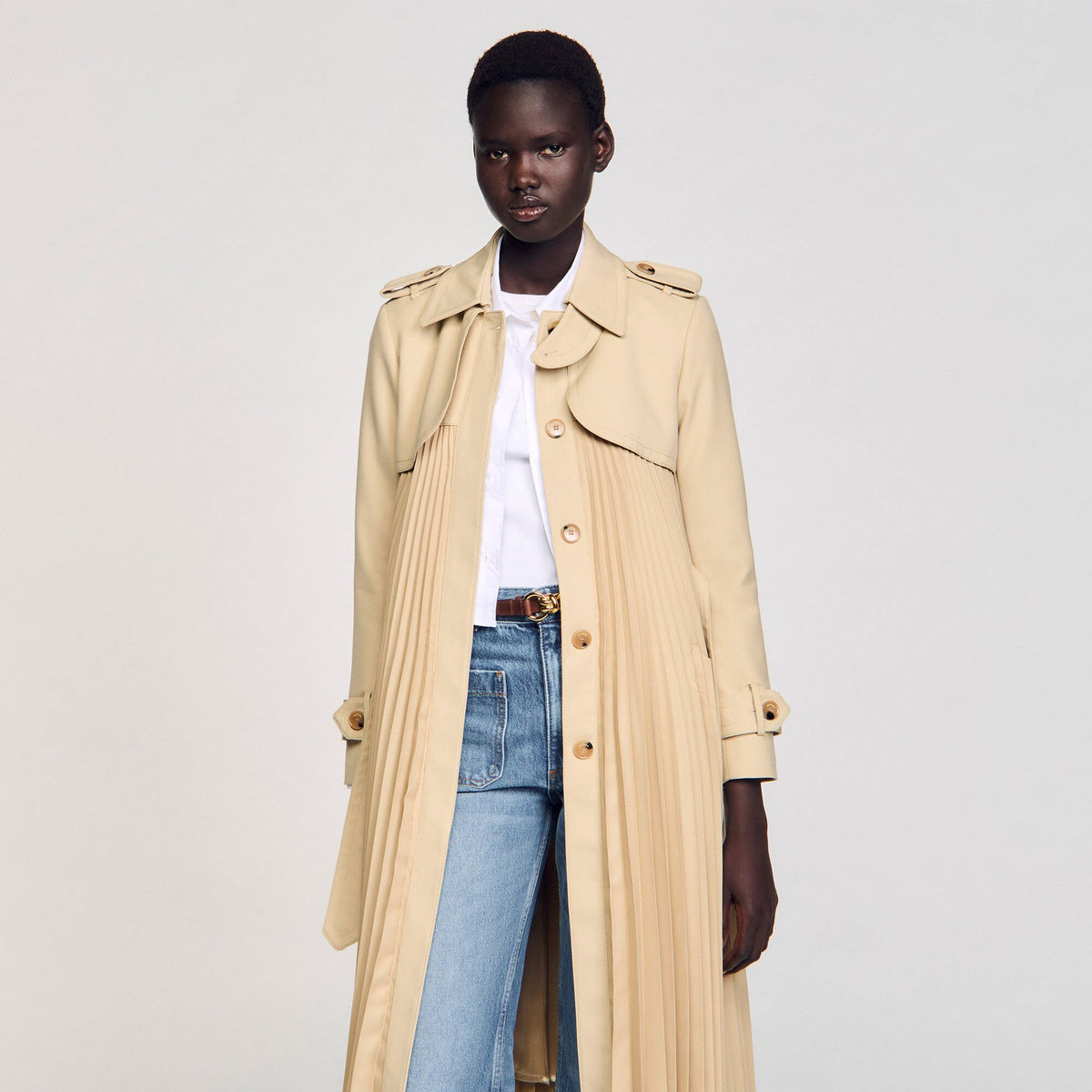 Sandro Pleated trench coat with belt Beige