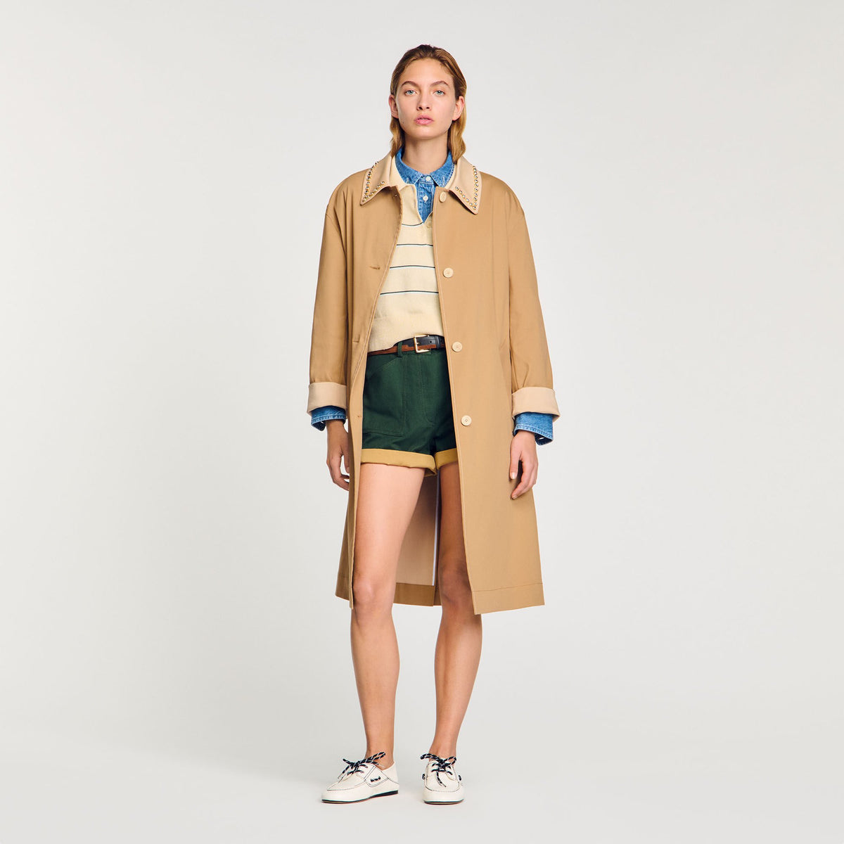 Sandro Trench coat with rhinestone collar Camel