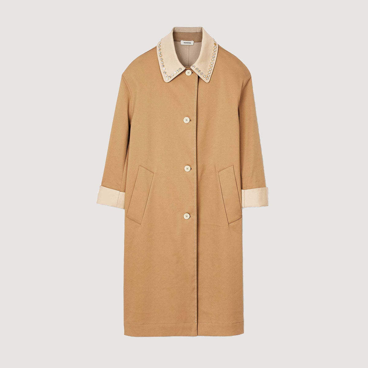 Sandro Trench coat with rhinestone collar Camel