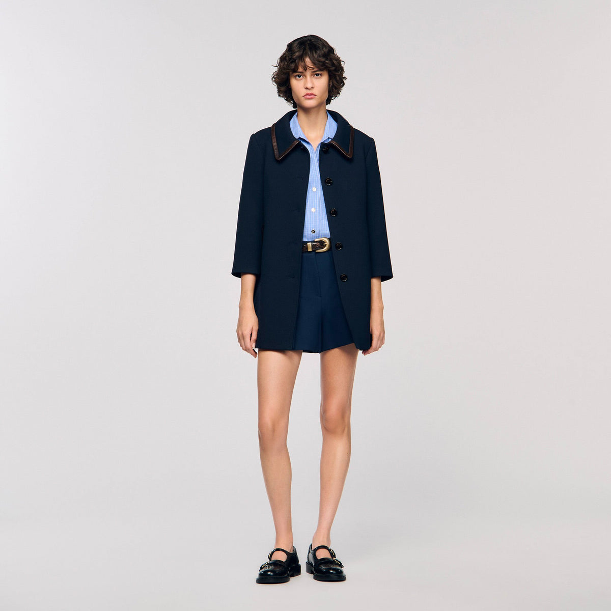 Sandro Coat with leather stripes Navy Blue