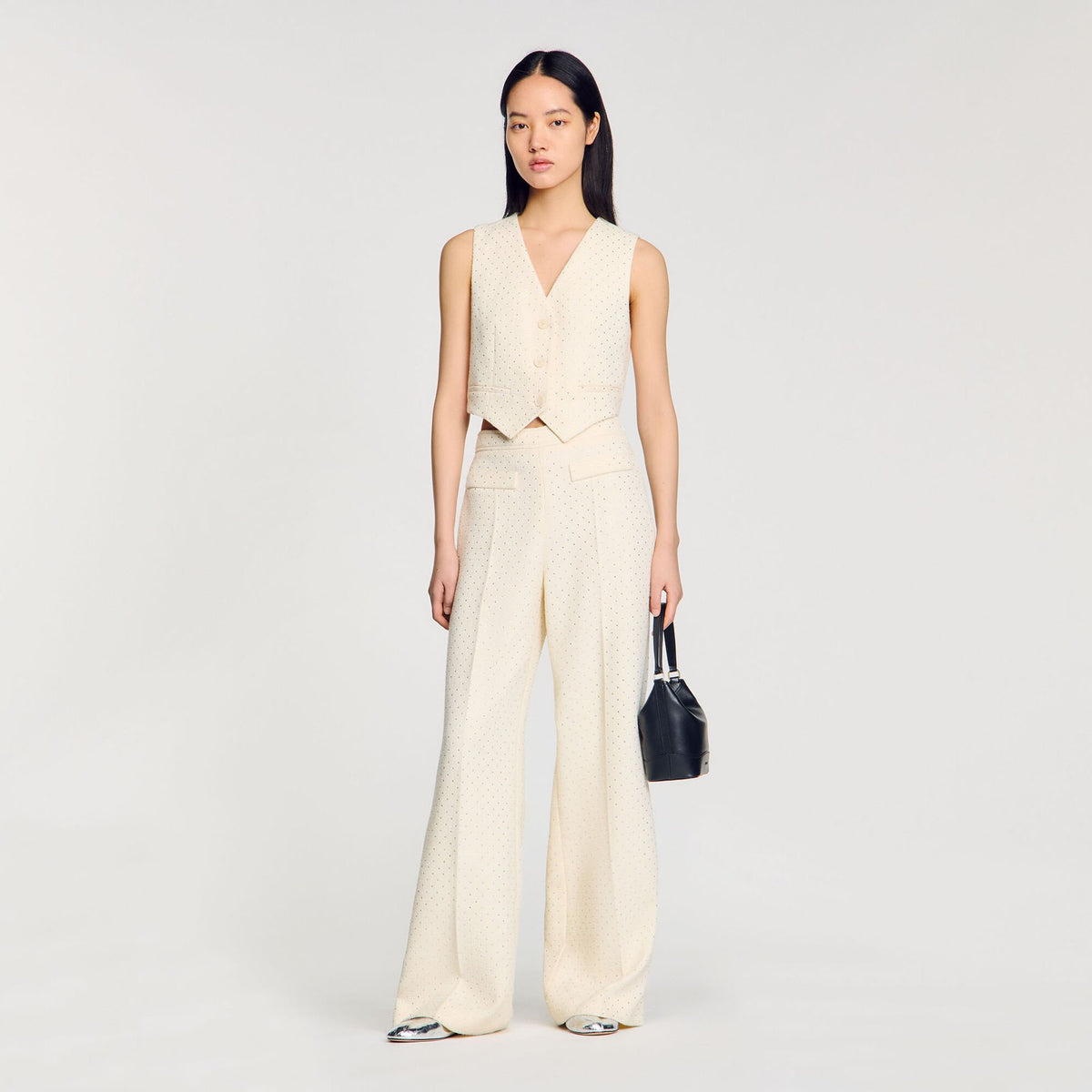 Sandro Tweed rhinestone-covered trousers Ecru