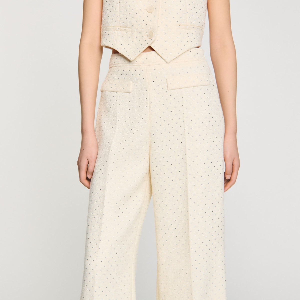 Sandro Tweed rhinestone-covered trousers Ecru
