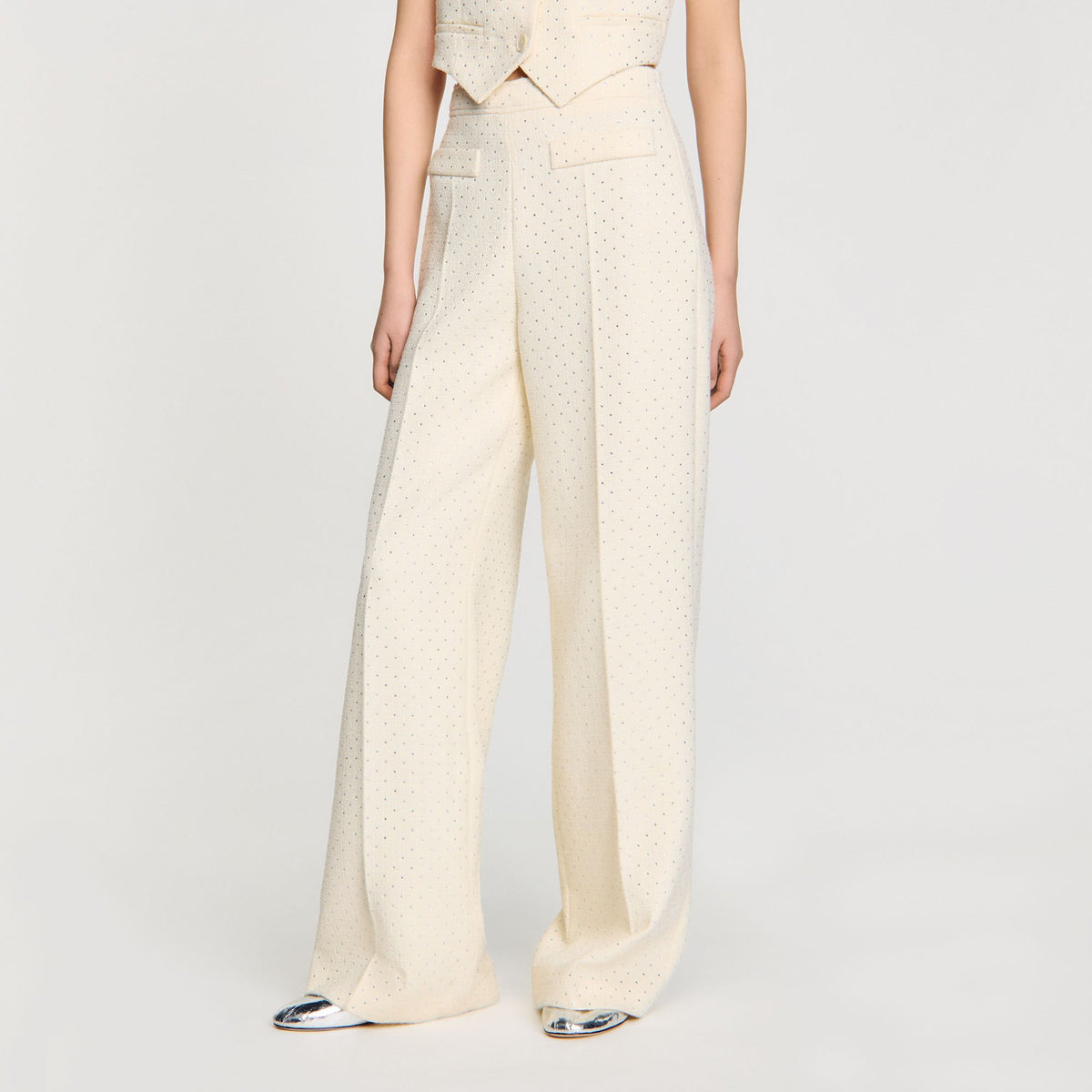Sandro Tweed rhinestone-covered trousers Ecru