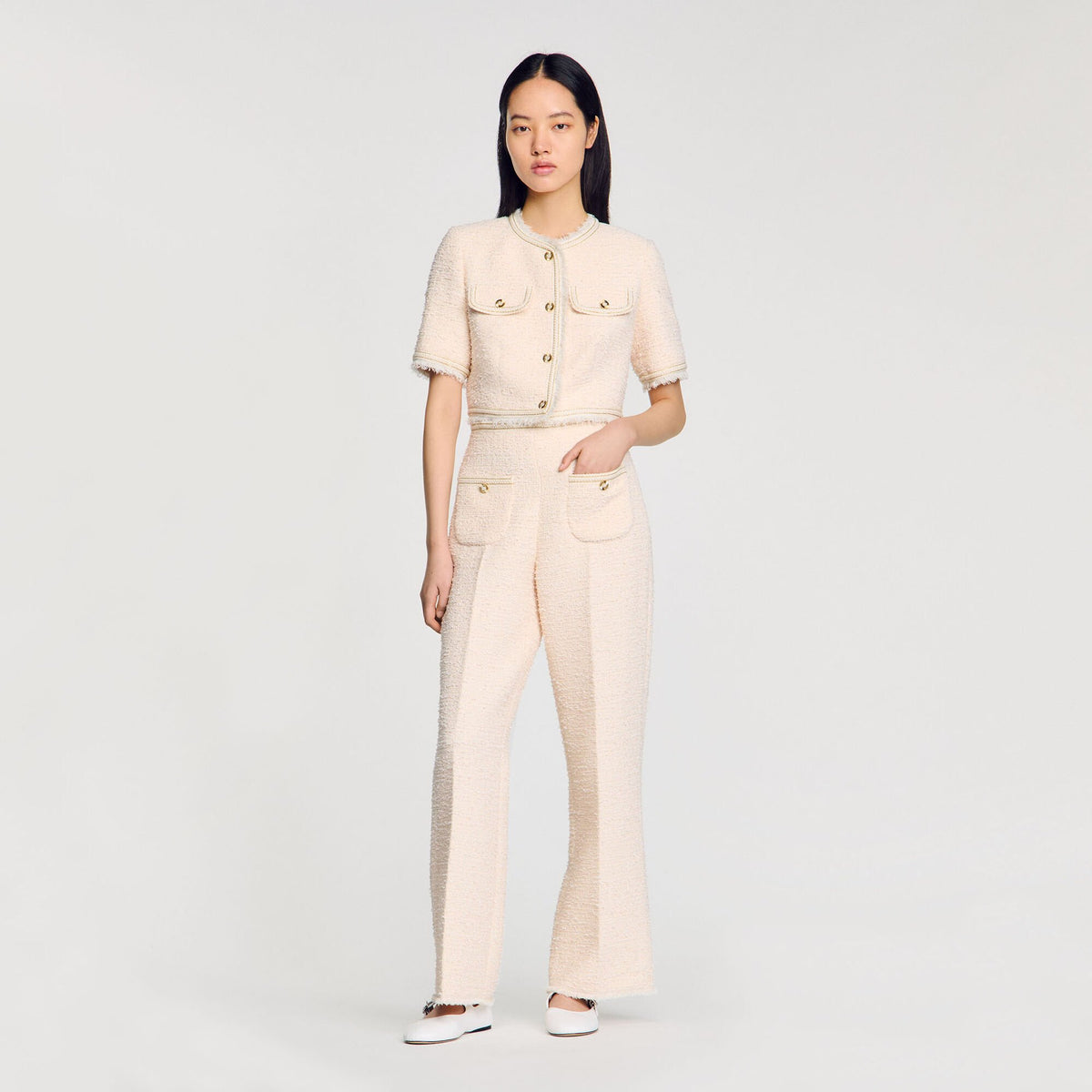 Sandro Decorative tweed trousers Ecru / Pink
