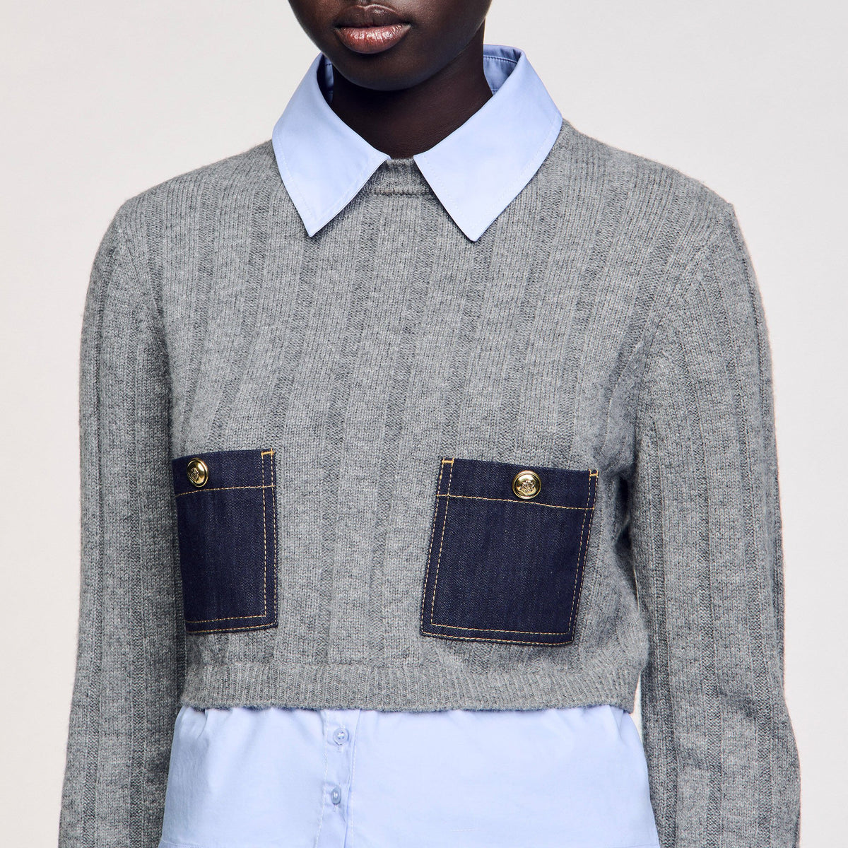 Sandro Cropped wool and cashmere sweater Grey