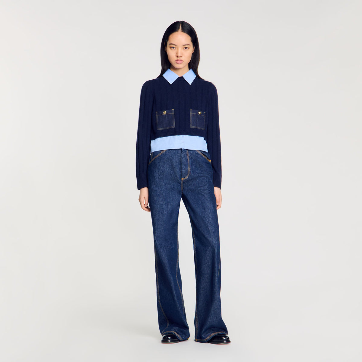 Sandro Cropped wool and cashmere sweater Navy Blue