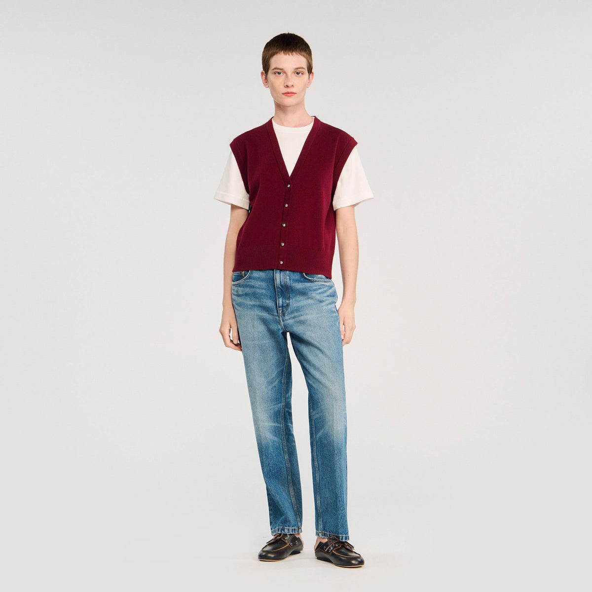 Sandro Two-tone wool and cashmere sweater Bordeaux