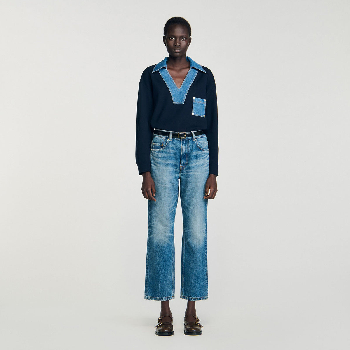 Sandro Sweater with denim details Navy Blue