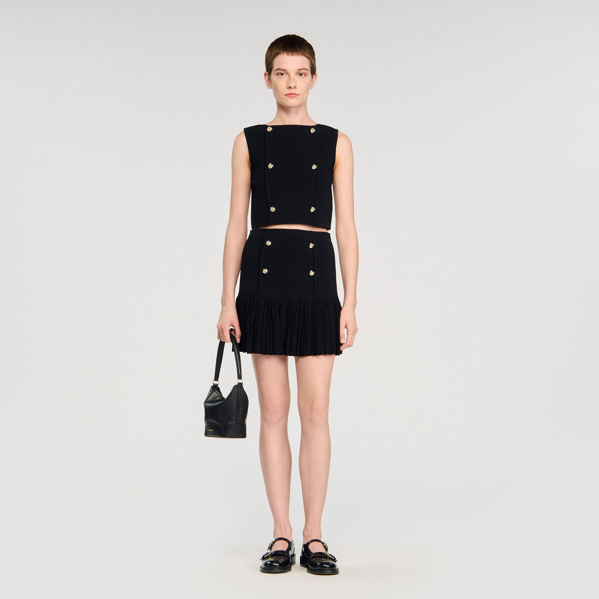 Sandro Button detail cropped knit top Black