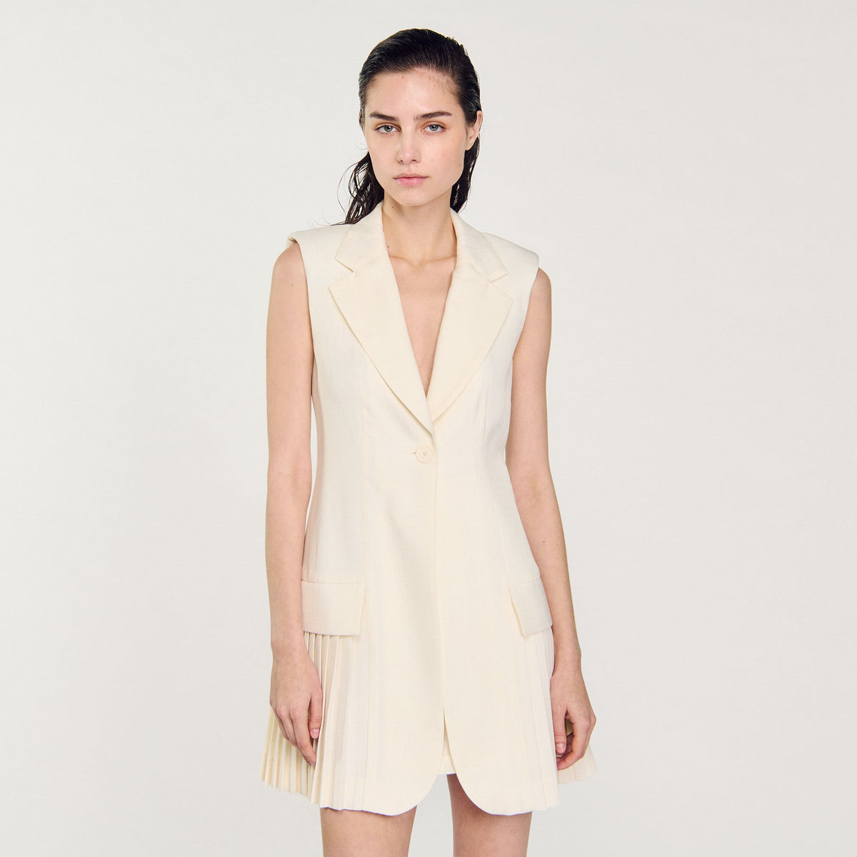 Sandro Mini pleated suit dress Ecru
