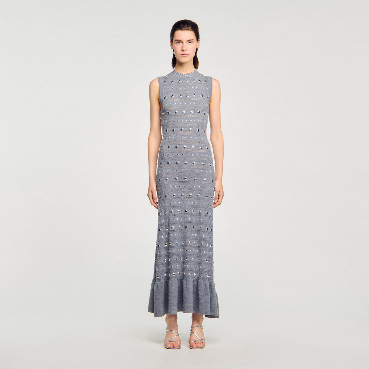 Sandro Knit maxi dress with studs Grey