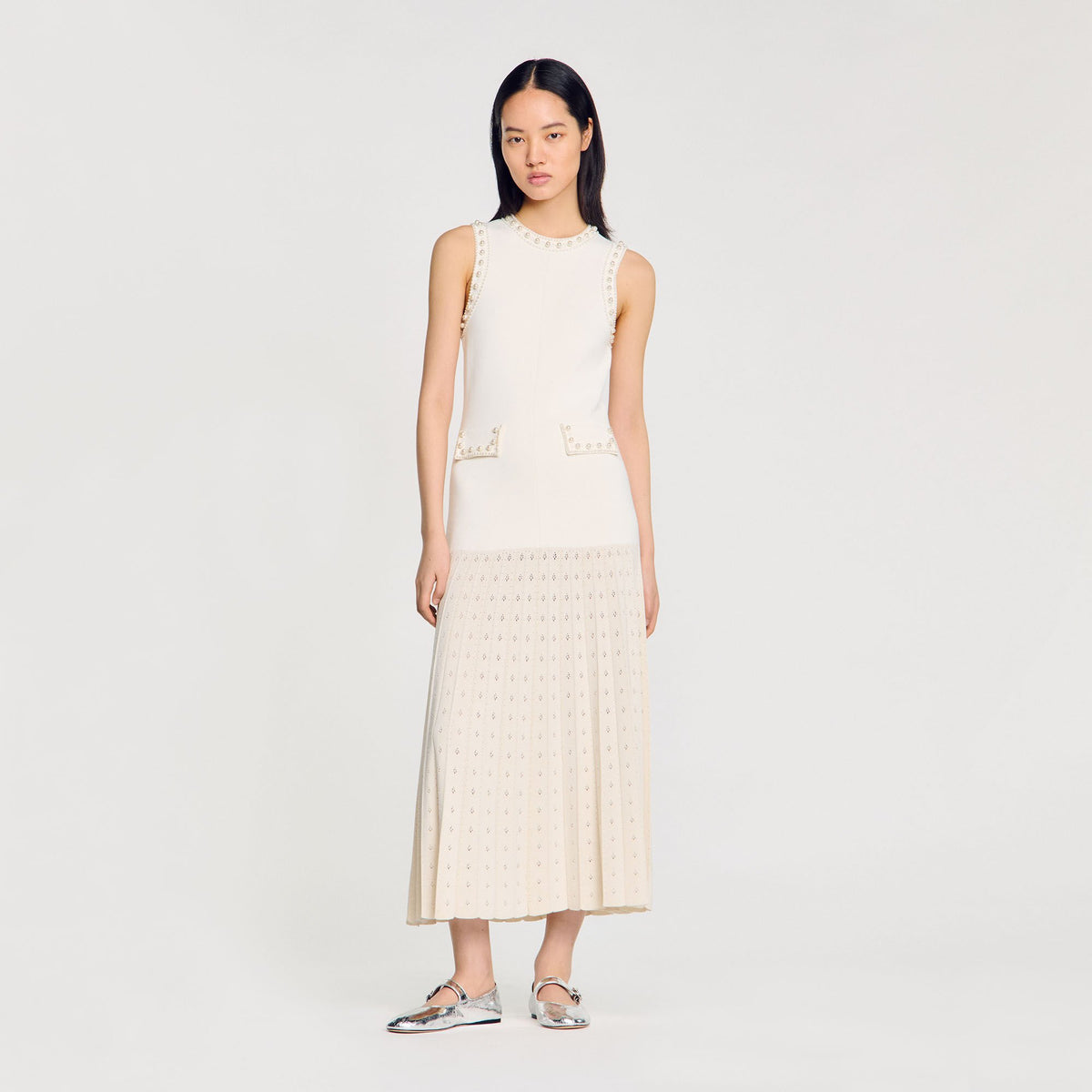 Sandro Pearl bead knit maxi dress Ecru