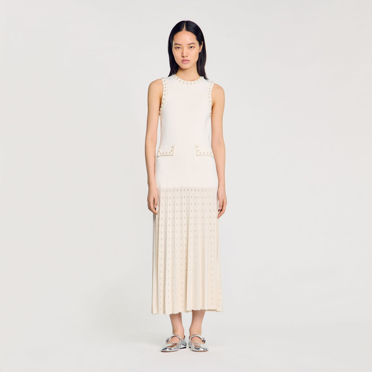 Sandro Pearl bead knit maxi dress Ecru