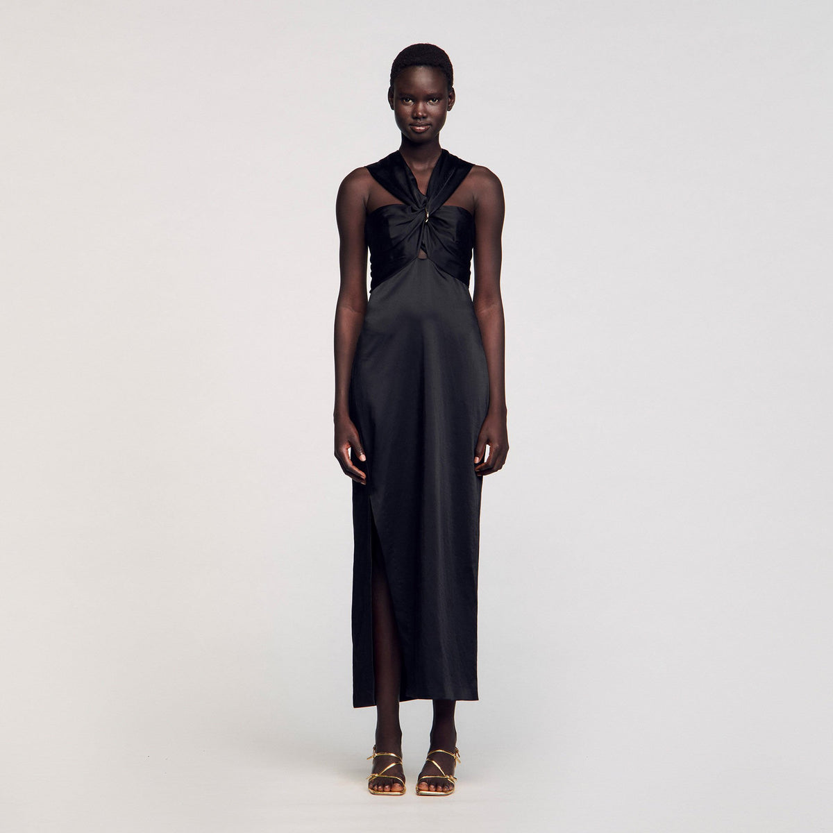 Sandro Slit satin-effect maxi dress Black