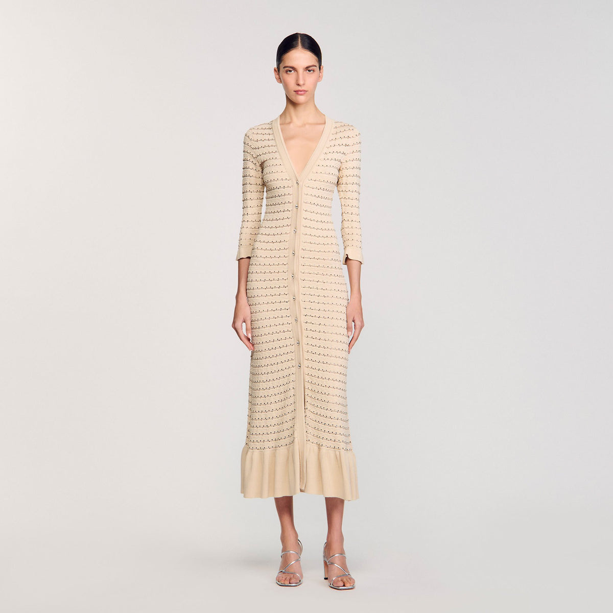 Sandro Rhinestone knit maxi dress Beige