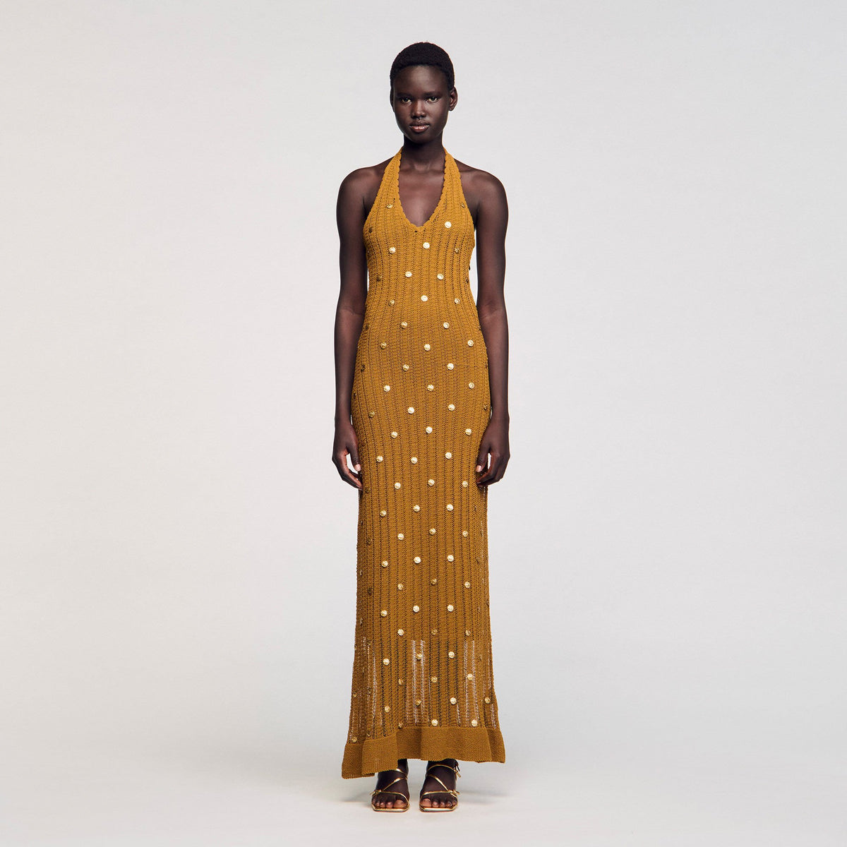 Sandro Maxi knit dress with fringes Olive