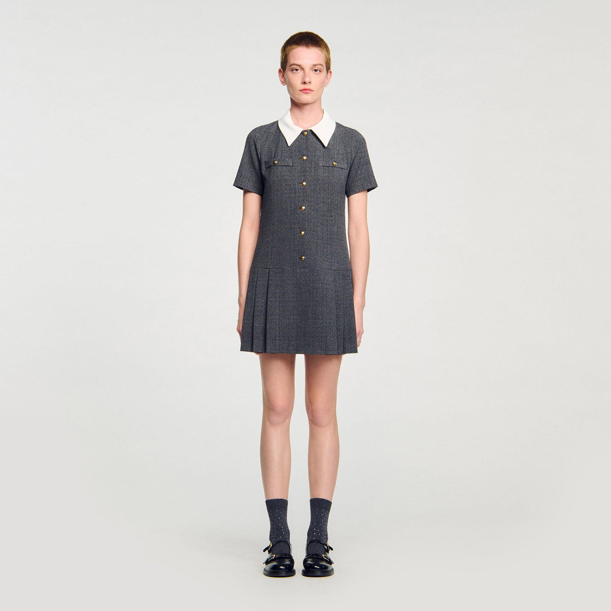 Sandro Mini pleated dress with rhinestones Grey / Brown