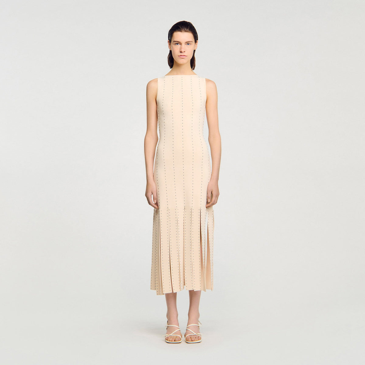 Sandro Fringed knit maxi dress Ecru