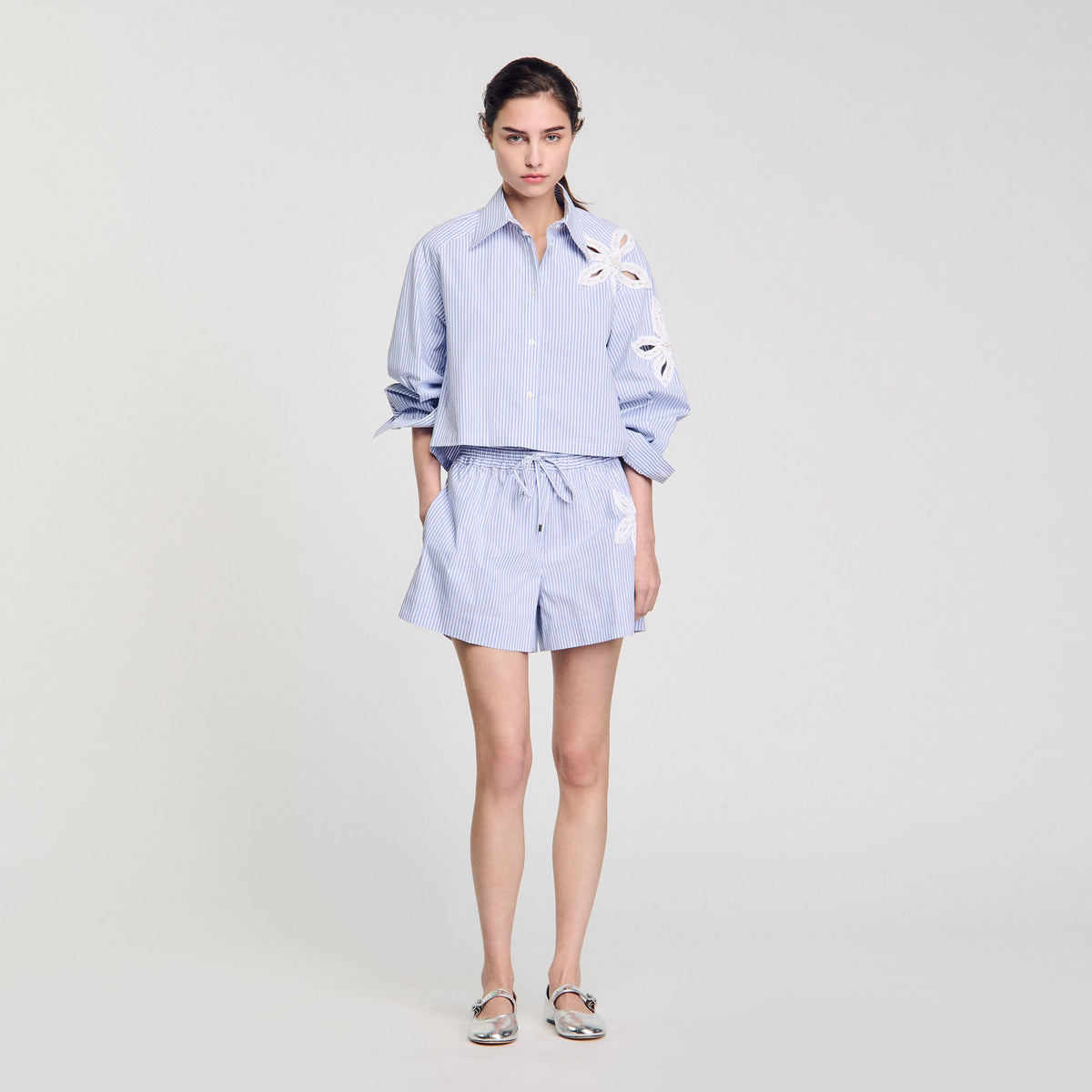 Sandro Striped shorts with flower detail Sky Blue
