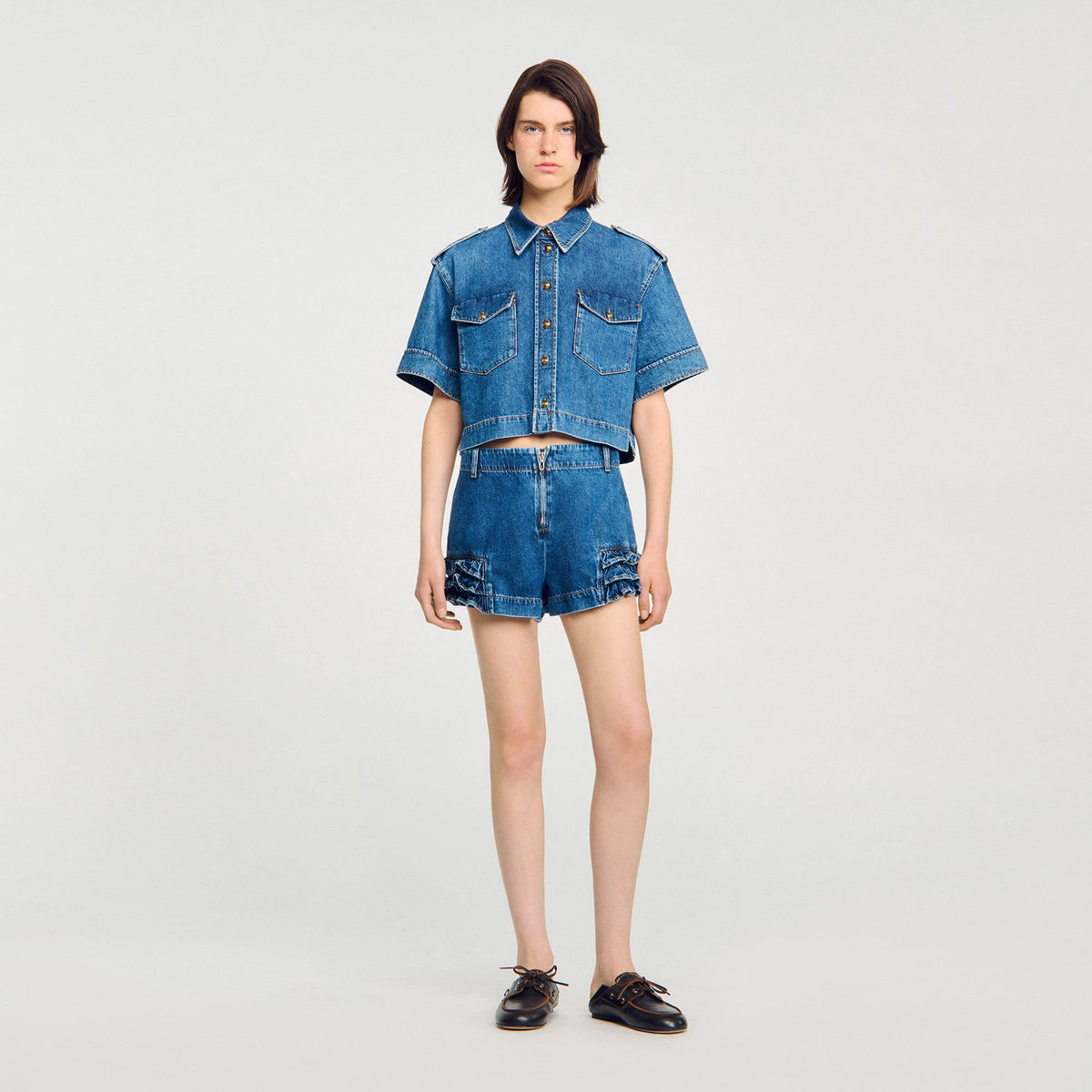 Sandro Ruffled denim shorts Blue Jean