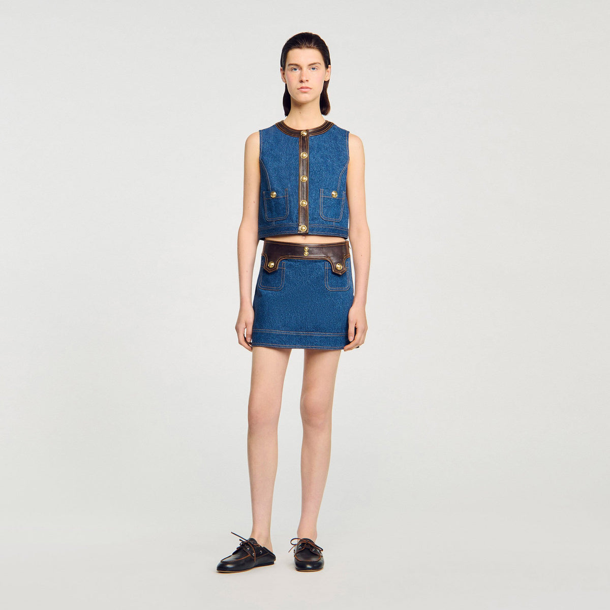Sandro Denim and leather top Dark Blue