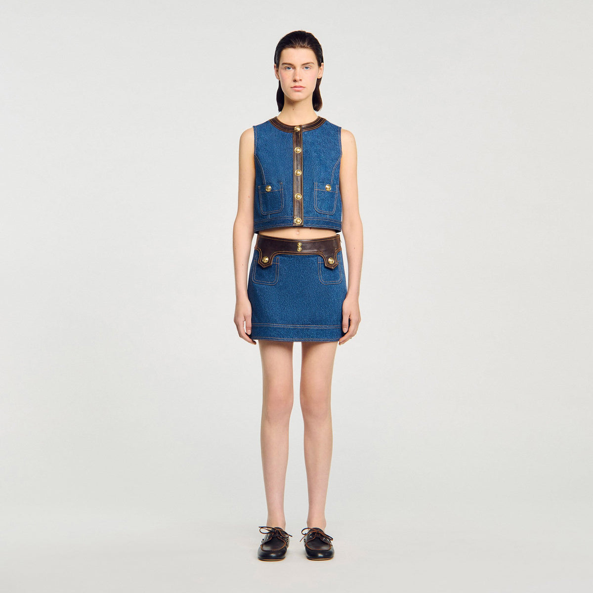 Sandro Denim and leather top Dark Blue