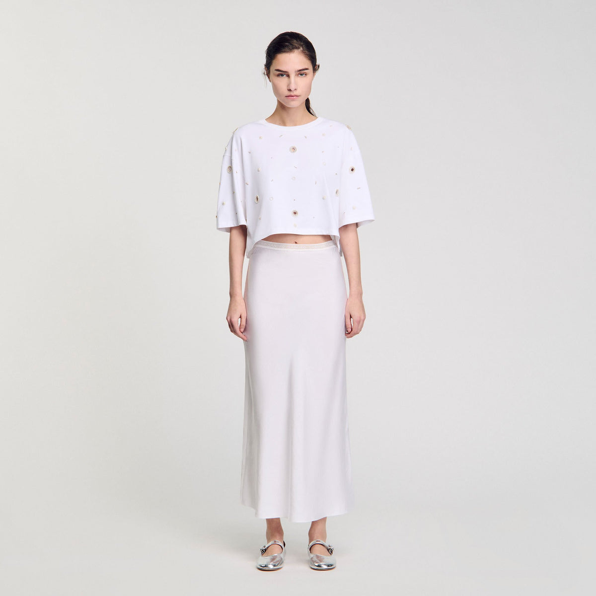 Sandro Cropped pearl bead T-shirt White