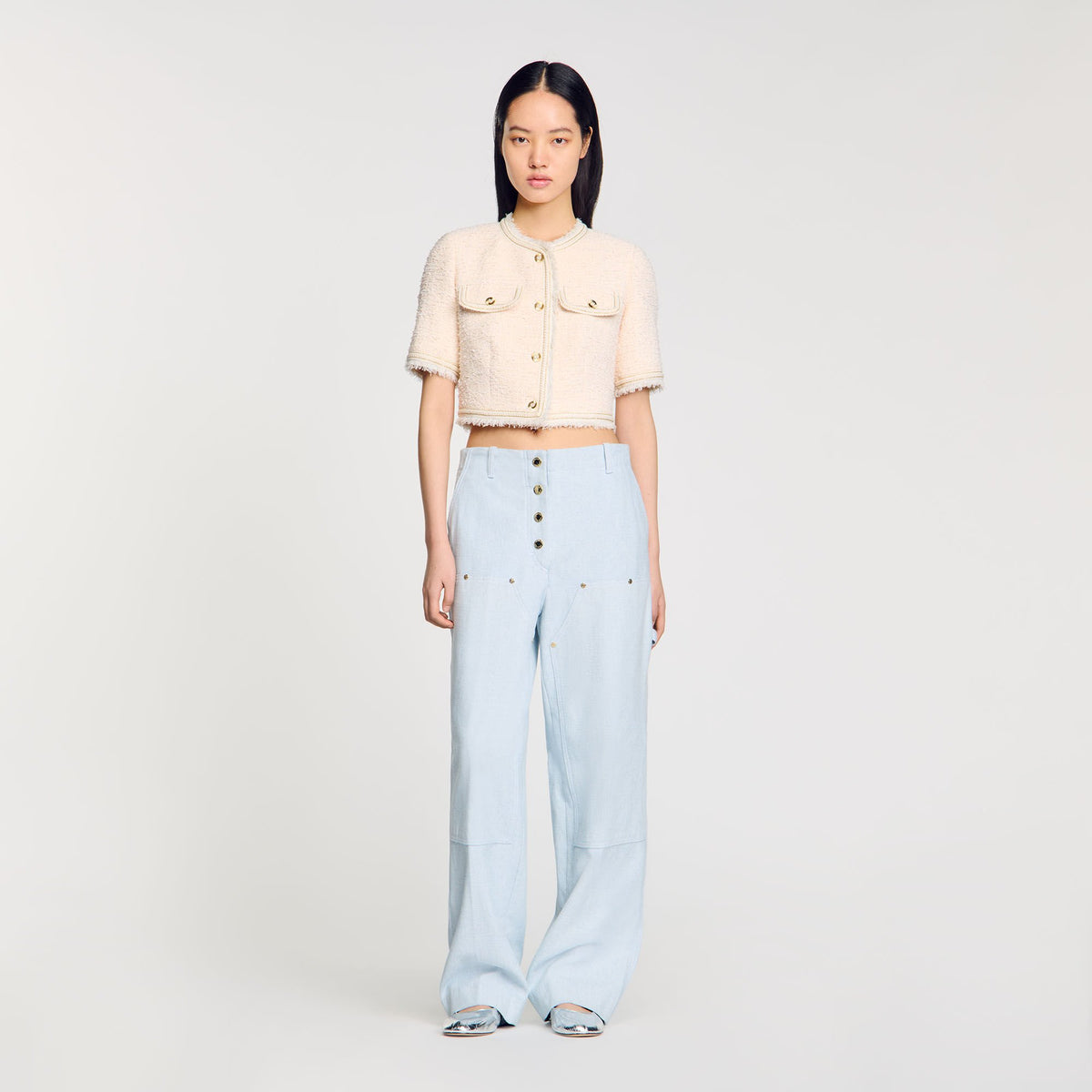 Sandro Short-sleeved tweed jacket Ecru / Pink