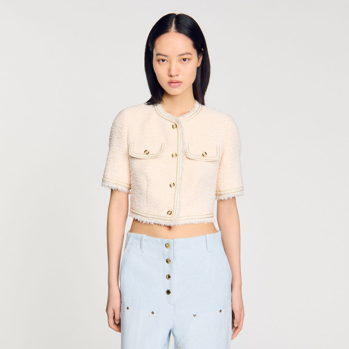 Sandro Short-sleeved tweed jacket Ecru / Pink