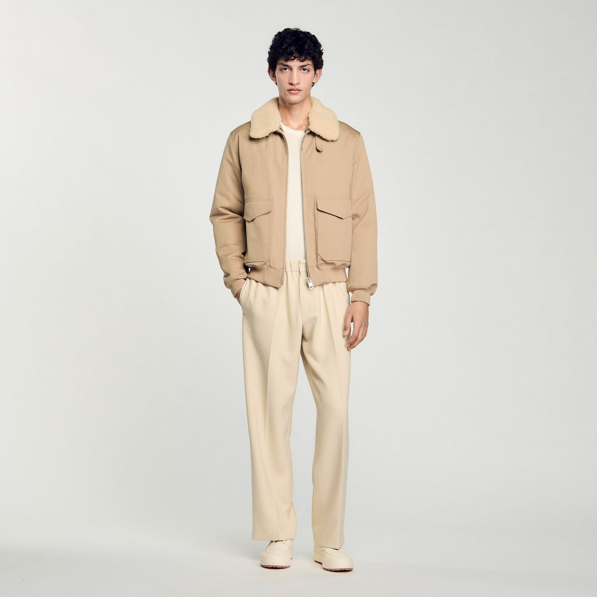 Sandro Shearling collar aviator jacket Sand