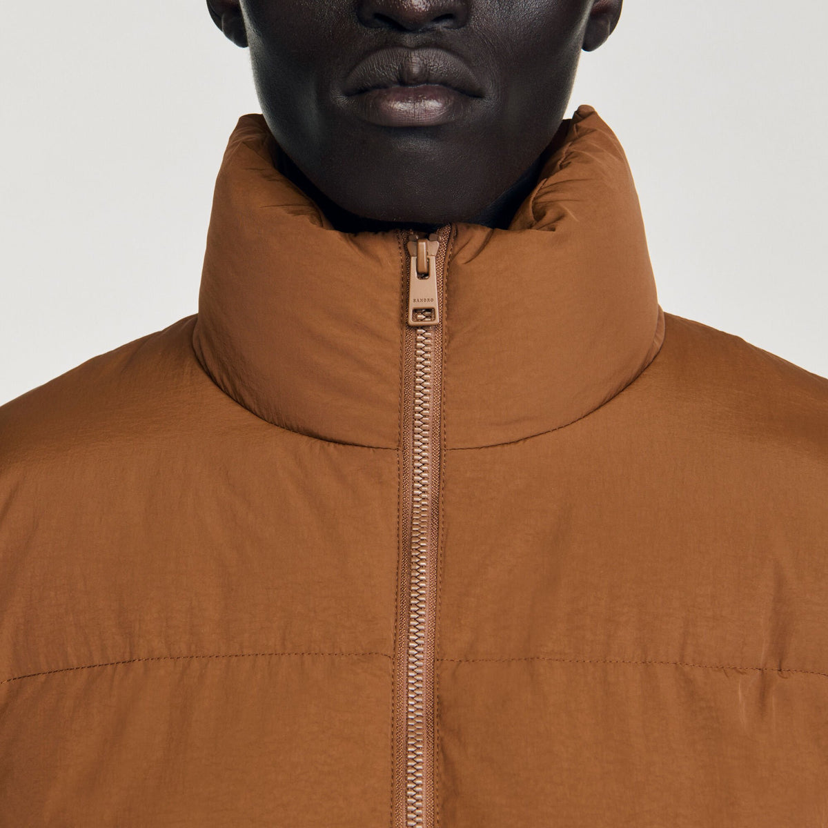 Sandro Hooded puffer with high collar Cognac
