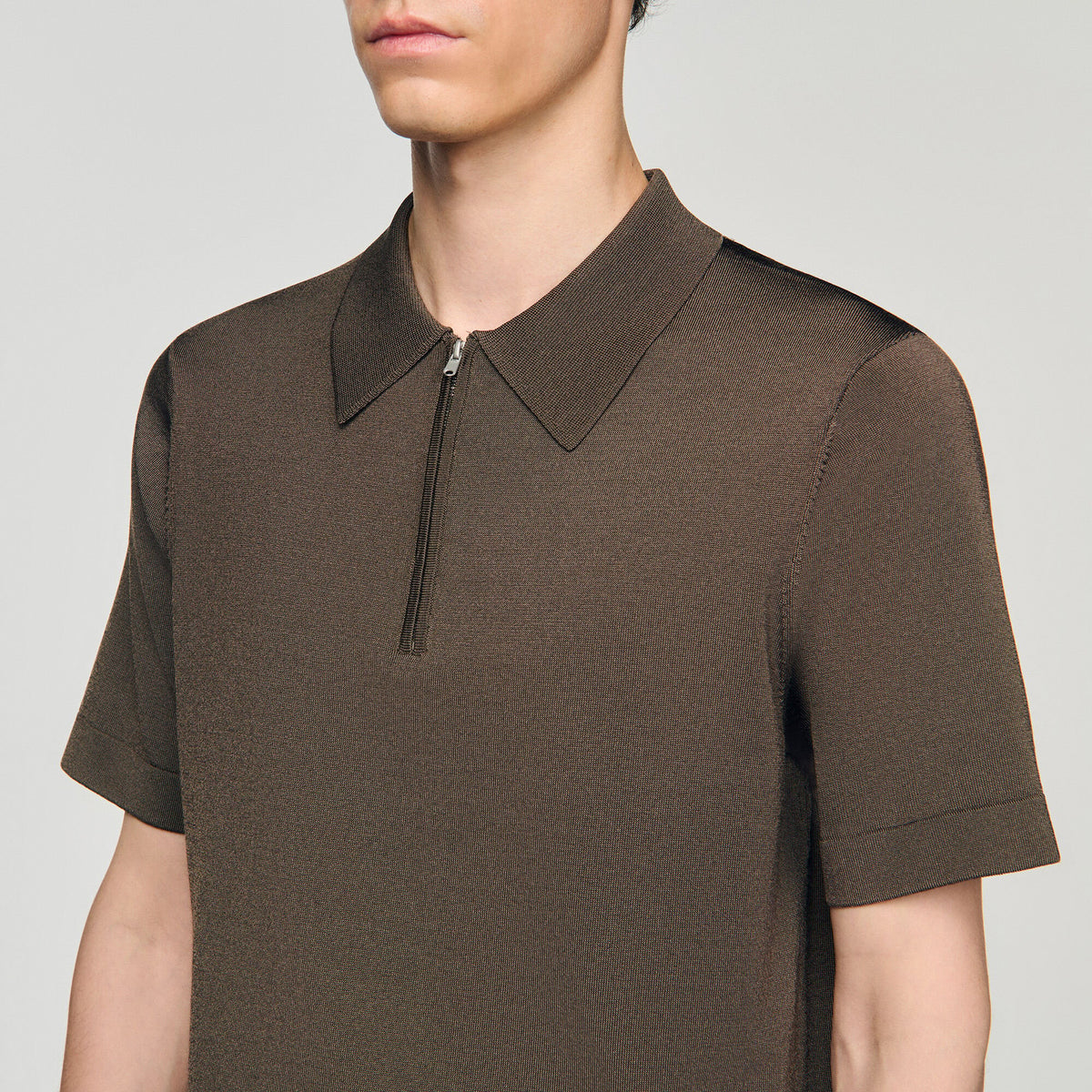 Sandro Knitted polo shirt with zip collar Caramel